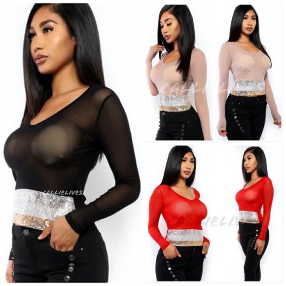 ✌NEW WITH TAGS CALLIE GLAM SQUAD SEQUIN SHEER LONG SLEEVE TOPS RED SIZE … - Picture 5 of 9